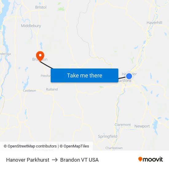 Hanover Parkhurst to Brandon VT USA map