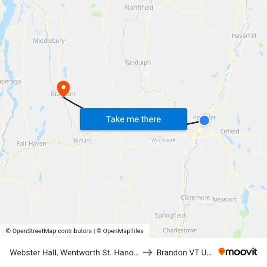 Webster Hall, Wentworth St. Hanover to Brandon VT USA map