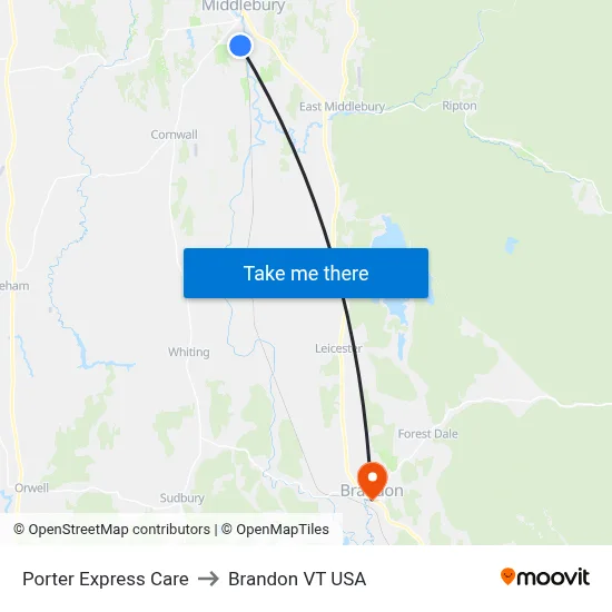 Porter Express Care to Brandon VT USA map