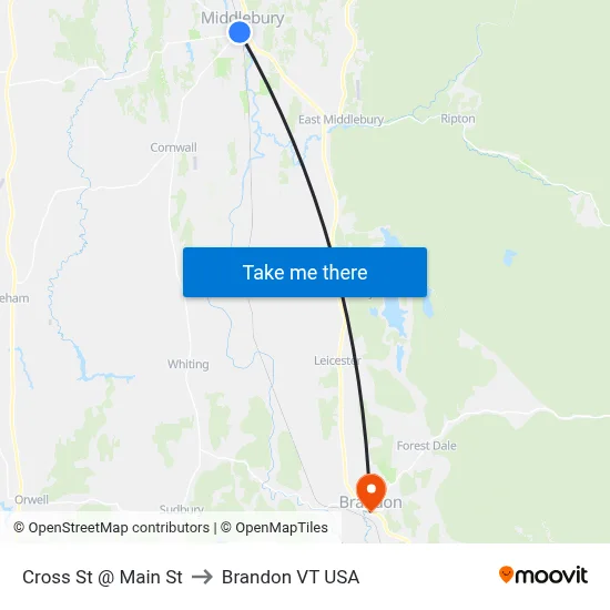 Cross St @ Main St to Brandon VT USA map