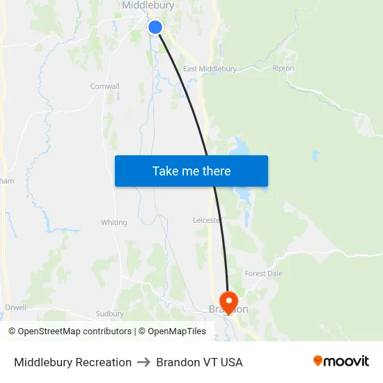 Middlebury Recreation to Brandon VT USA map