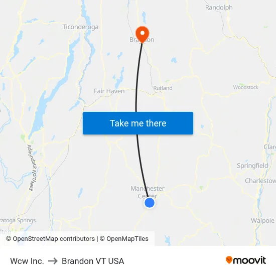 Wcw Inc. to Brandon VT USA map