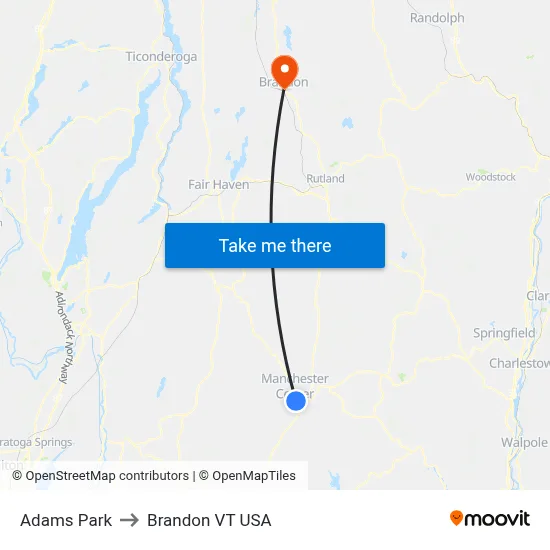Adams Park to Brandon VT USA map