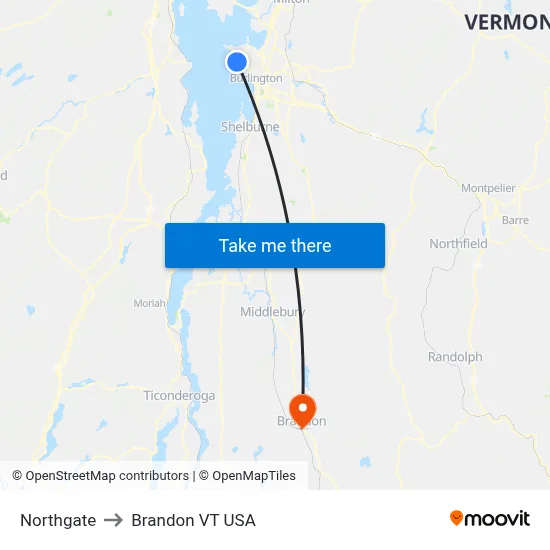 Northgate to Brandon VT USA map