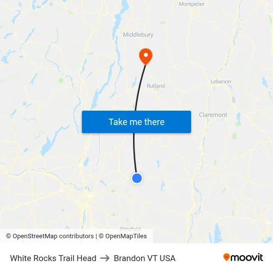 White Rocks Trail Head to Brandon VT USA map