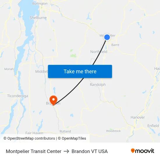 Montpelier Transit Center to Brandon VT USA map