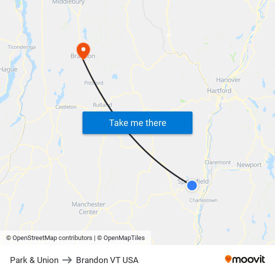 Park & Union to Brandon VT USA map