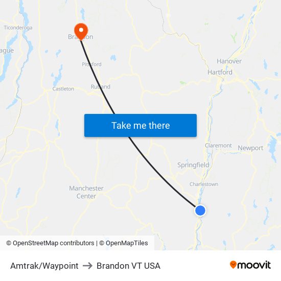 Amtrak/Waypoint to Brandon VT USA map