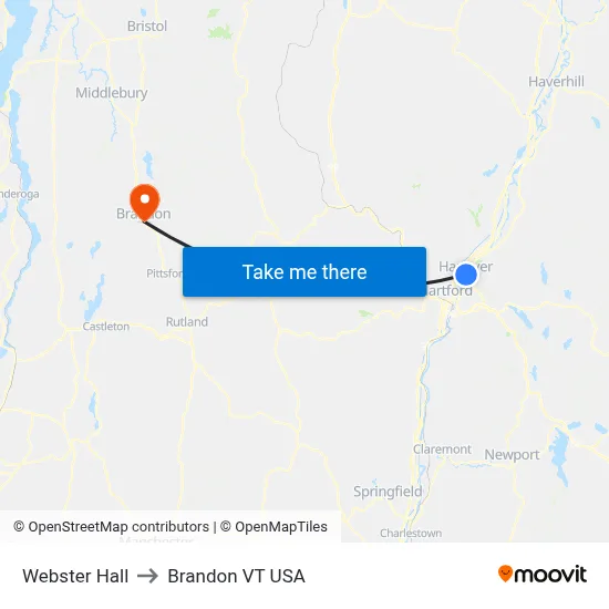 Webster Hall to Brandon VT USA map