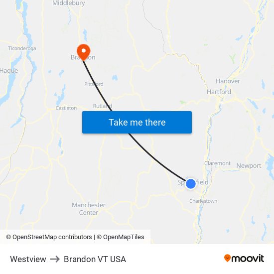 Westview to Brandon VT USA map