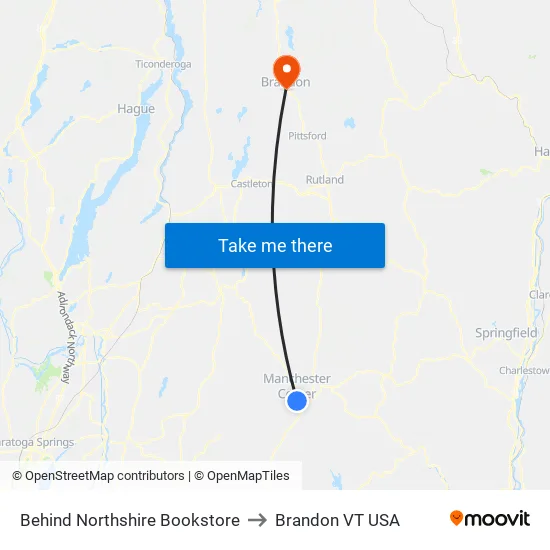Behind Northshire Bookstore to Brandon VT USA map