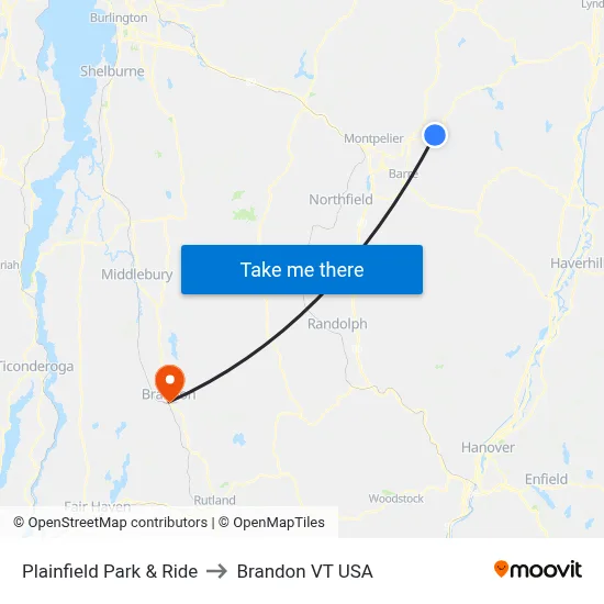 Plainfield Park & Ride to Brandon VT USA map