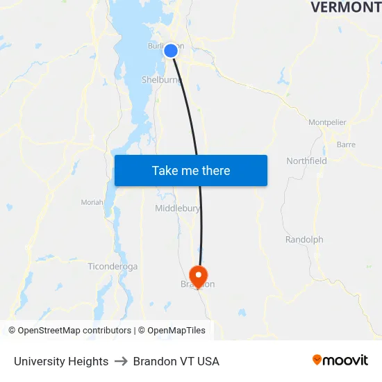 University Heights to Brandon VT USA map