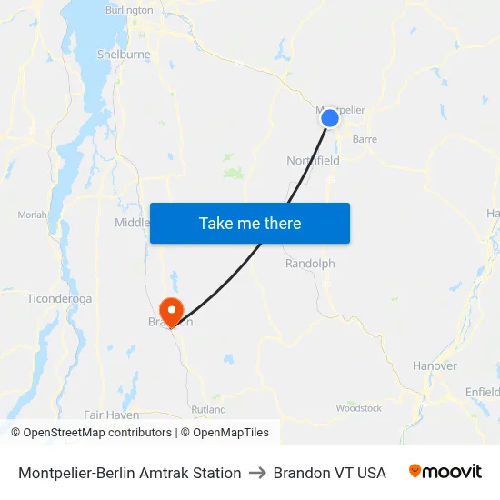 Montpelier-Berlin Amtrak Station to Brandon VT USA map