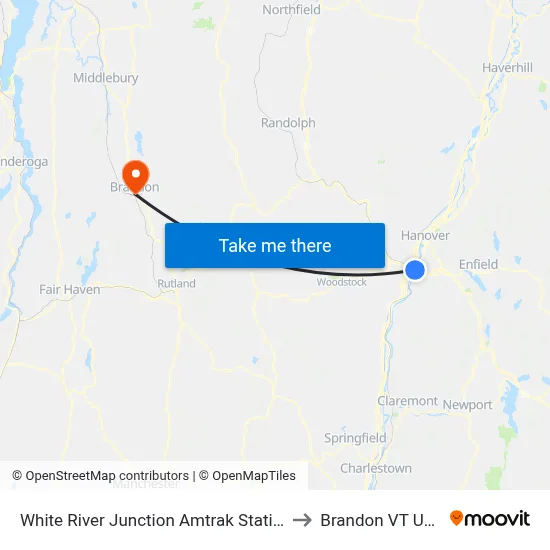 White River Junction Amtrak Station to Brandon VT USA map