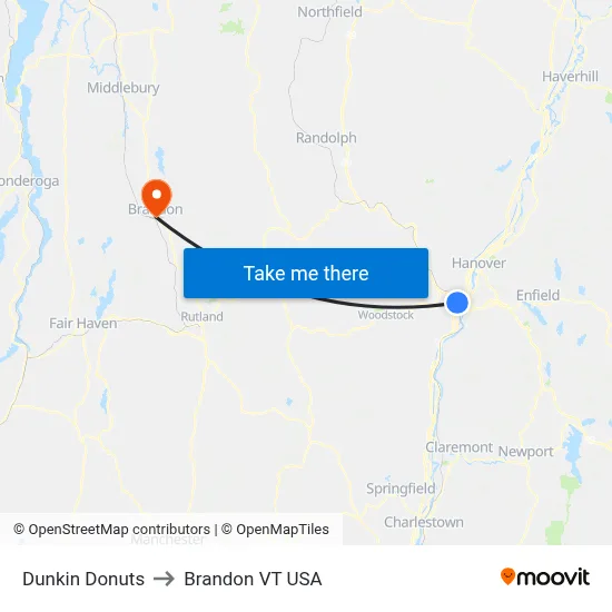 Dunkin Donuts to Brandon VT USA map