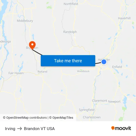 Irving to Brandon VT USA map