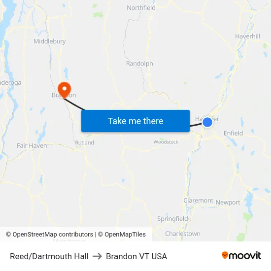 Reed/Dartmouth Hall to Brandon VT USA map