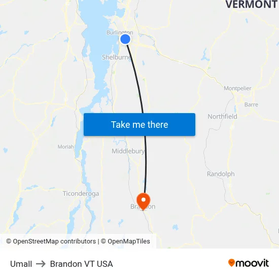 Umall to Brandon VT USA map