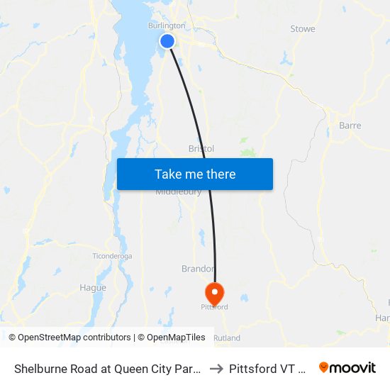 Shelburne Road at Queen City Parkway to Pittsford VT USA map