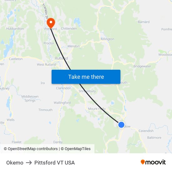 Okemo to Pittsford VT USA map