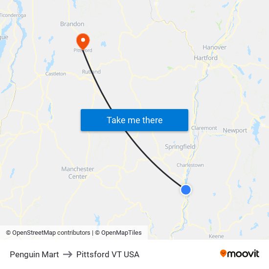 Penguin Mart to Pittsford VT USA map