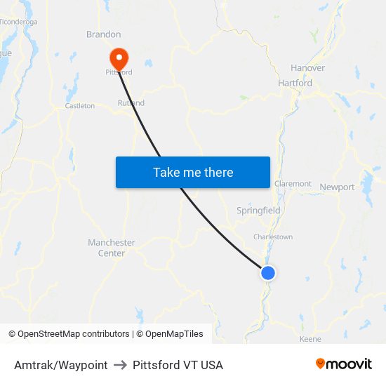 Amtrak/Waypoint to Pittsford VT USA map