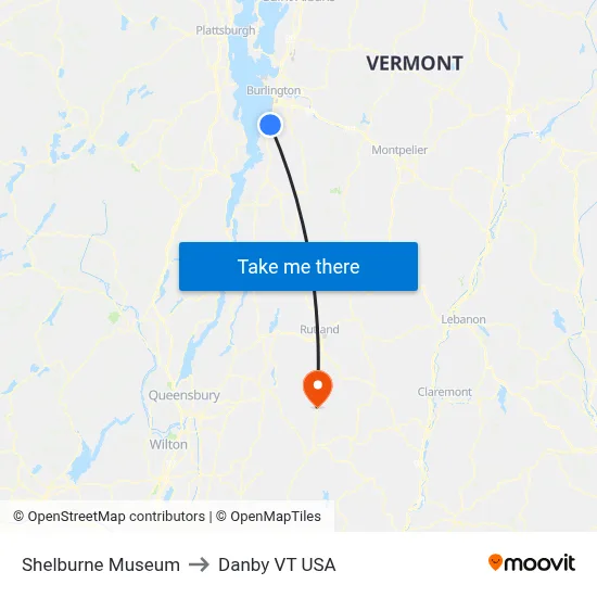 Shelburne Museum to Danby VT USA map