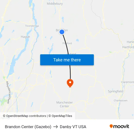 Brandon Center (Gazebo) to Danby VT USA map