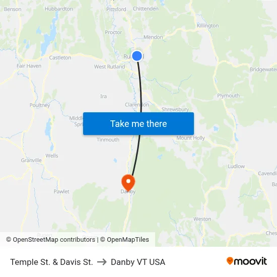 Temple St. & Davis St. to Danby VT USA map