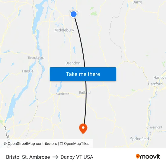 Bristol St. Ambrose to Danby VT USA map