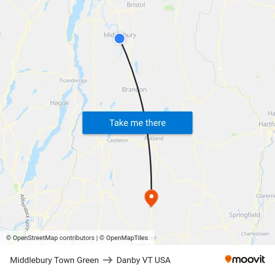 Middlebury Town Green to Danby VT USA map