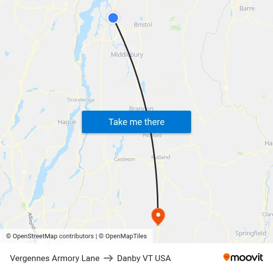 Vergennes Armory Lane to Danby VT USA map