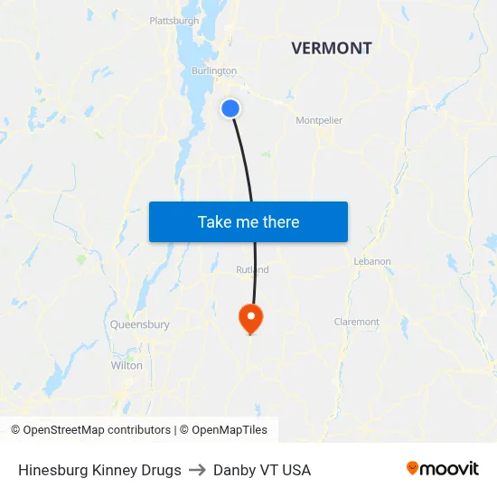 Hinesburg Kinney Drugs to Danby VT USA map