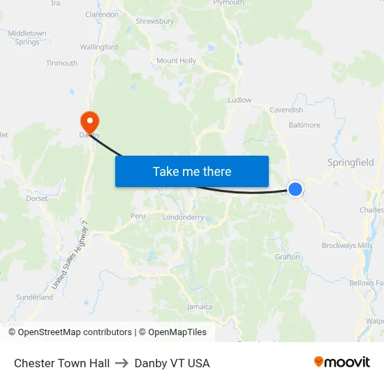 Chester Town Hall to Danby VT USA map