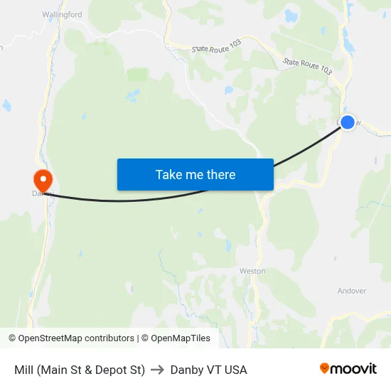 Mill (Main St & Depot St) to Danby VT USA map