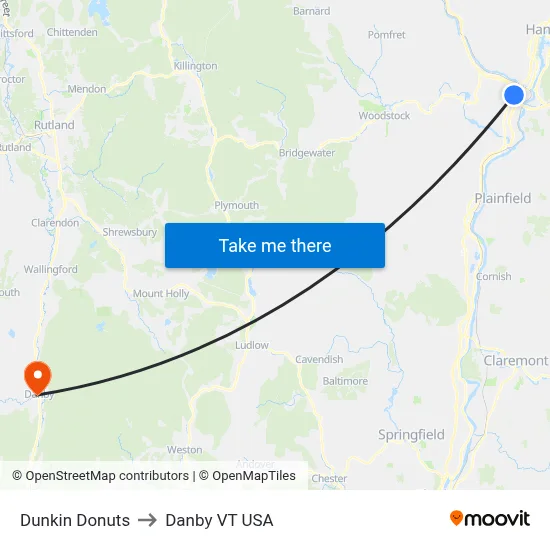 Dunkin Donuts to Danby VT USA map