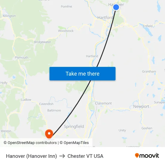 Hanover (Hanover Inn) to Chester VT USA map