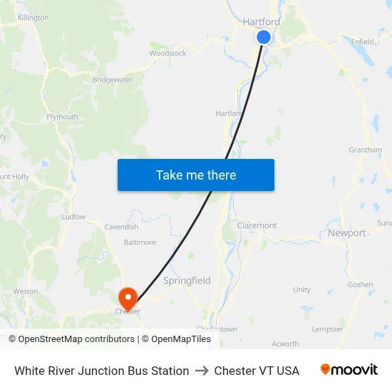 White River Junction Bus Station to Chester VT USA map
