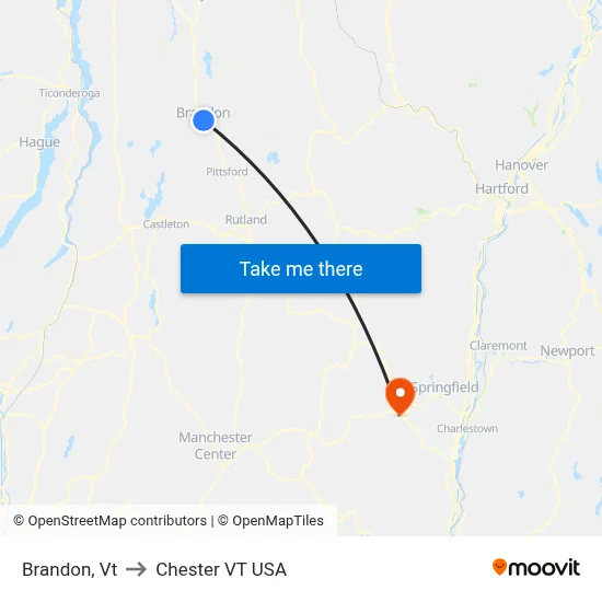Brandon, Vt to Chester VT USA map