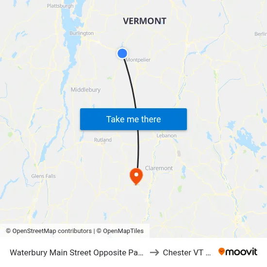 Waterbury Main Street Opposite Park Row to Chester VT USA map
