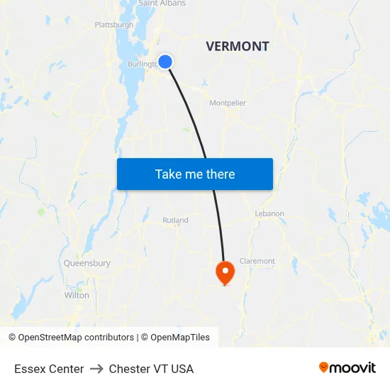 Essex Center to Chester VT USA map