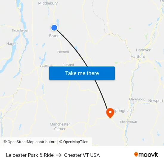 Leicester Park & Ride to Chester VT USA map