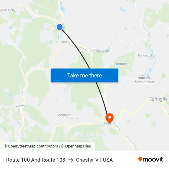 Route 100 And Route 103 to Chester VT USA map