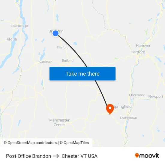 Post Office Brandon to Chester VT USA map