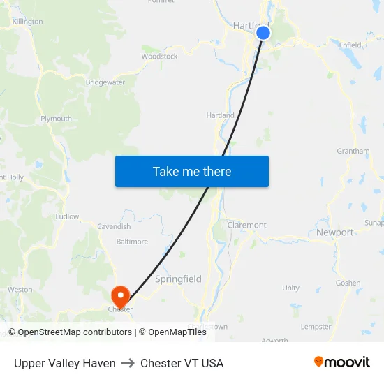 Upper Valley Haven to Chester VT USA map