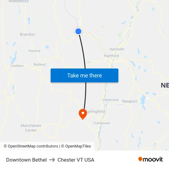 Downtown Bethel to Chester VT USA map