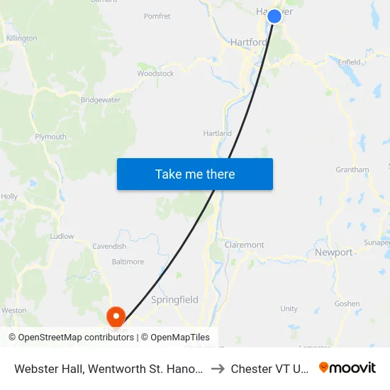 Webster Hall, Wentworth St. Hanover to Chester VT USA map
