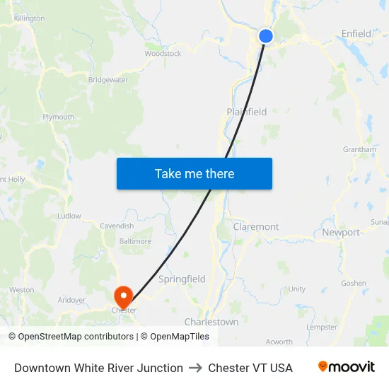Downtown White River Junction to Chester VT USA map