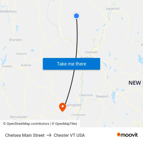 Chelsea Main Street to Chester VT USA map